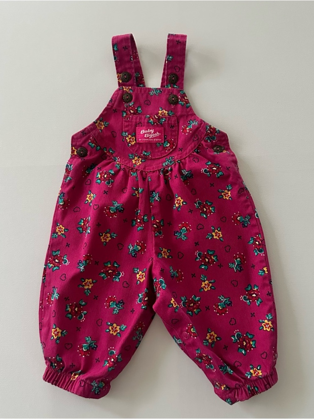 OshKosh B'gosh 6-9 Months Baby Girl Pink Floral Corduroy Overalls Vintage USA